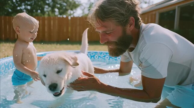 Dad and Toddler Bathing Golden Retriever Puppy in Sunlit Backyard