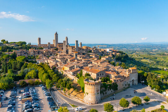Aerial view, San Gimignano, UNESCO World Heritage Site, Siena, Tuscany, Italy,
