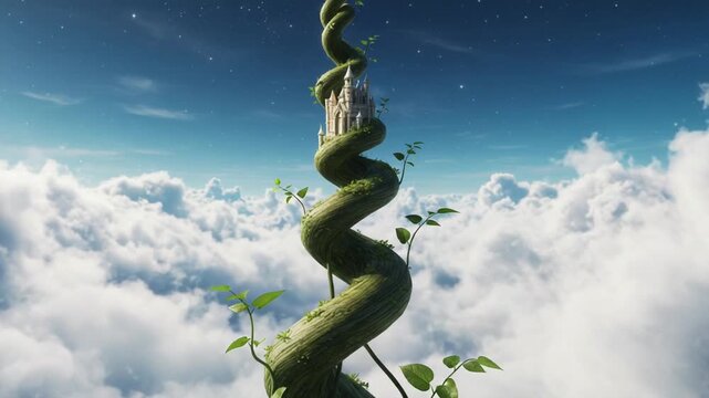Enchanted beanstalk reaching towards a castle in the sky, dreamlike fantasy adventure
