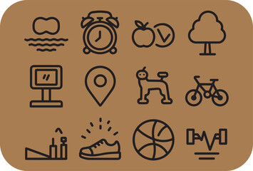 Collection of simple line icons representing healthy lifestyle choices and activities for wellness and fitness promotion