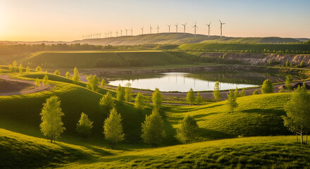 Scenic Landscape with Wind Turbines and a Lake at Sunset, Lush Green Hills and Modern Sustainable Energy Concept