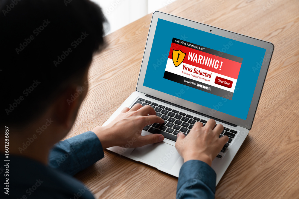 Aufkleber virus warning alert on computer screen detected modish cyber threat , hacker, computer virus and mal