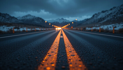 Glowing Road Lines at Dusk – Moody Wet Asphalt Perspective 
