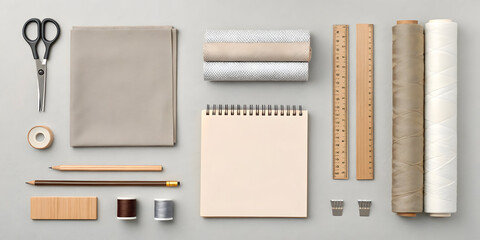 Neutral flatlay of fashion design supplies
