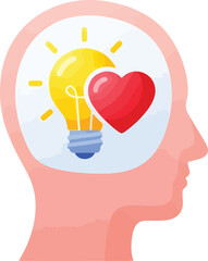 Human head with lightbulb and heart inside concept for love inspiration and creative idea mind