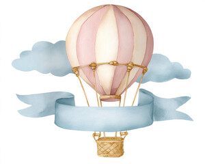 Watercolor hot air balloon with ribbon banner, on a transparent background, clipart style,	