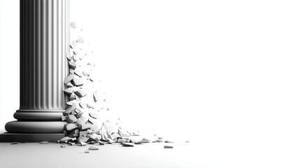 A broken column with shards scattered suggests themes of destruction and decay, This image can be used in contexts discussing failure, resilience, or the fragility of structure,