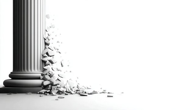 A broken column with shards scattered suggests themes of destruction and decay, This image can be used in contexts discussing failure, resilience, or the fragility of structure, - Powered by Adobe
