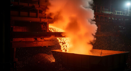 Fiery Industrial Scene: Molten Metal Pouring into a Bin, Dramatic Molten Metal Transfer: Intense Heat and Steam in an Industrial Setting