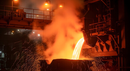 Molten metal pours in an industrial setting, sparks flying, Metal fabrication process creating intense light and heat in a factory