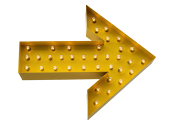 Vibrant yellow marquee arrow sign with illuminated warm white bulbs, smooth metal texture, pointing right, floating on a pristine transparent studio background with no shadows, concept of explicit