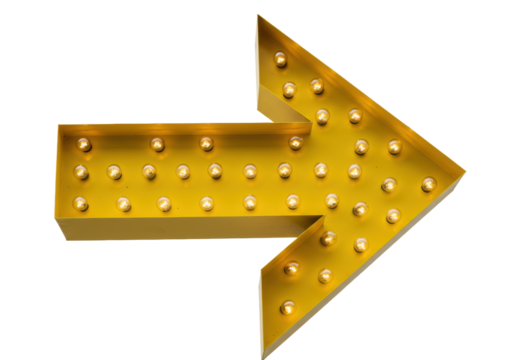 Vibrant yellow marquee arrow sign with illuminated warm white bulbs, smooth metal texture, pointing right, floating on a pristine transparent studio background with no shadows, concept of explicit