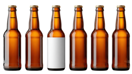 Row of Amber Beer Bottles with Blank Label on One, Isolated on Transparent Background