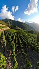 Fototapeta premium Lush vineyard cascading down mountain slopes against a scenic sky background