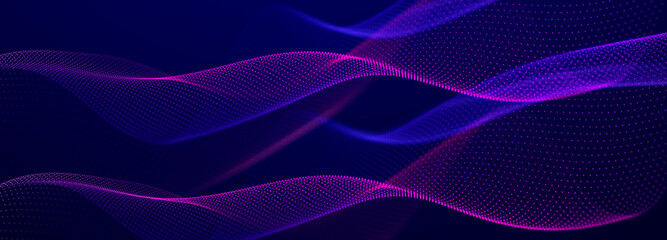 Particle stream. Purple background with many glowing particles. Information technology background. 3d rendering.
