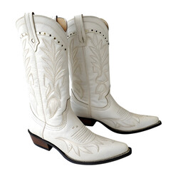 Elegant White Leather Cowboy Boots: Western Fashion Footwear, Bridal Boots, Perforated Detail, Studded Design