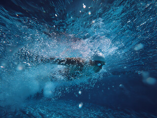 Naklejka premium Underwater view of a person swimming in clear blue water with bubbles