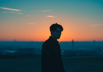 Fototapeta premium Silhouette of a Person Against Sunset Sky, Moody Portrait, Dusk Landscape Photography.