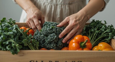 Person arranging fresh kale and bell peppers in a wooden crate with a light colored apron on display