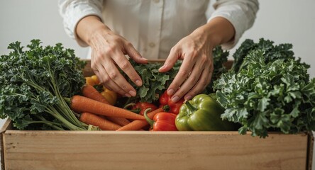 A person arranging fresh produce including kale carrots and peppers in a wooden crate indoors