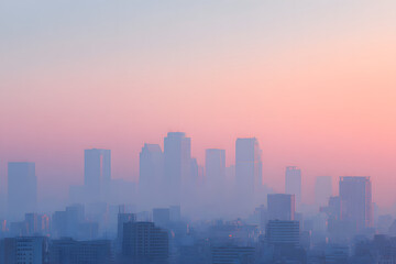 Fototapeta premium minimalistic urban skyline at dawn with pastel colors fills horizon blending softened outlines of skyscrapers into
