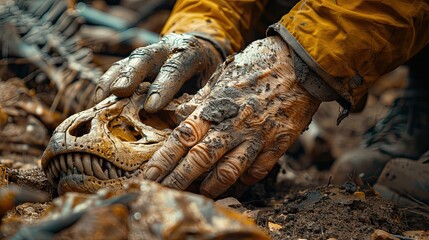 A person with tattooed hands examines a dinosaur skull in a muddy excavation site. The scene shows dirt, bones, and tools scattered around.