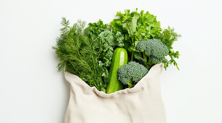 Fresh green vegetables and herbs overflowing from a reusable cloth grocery bag on a white background