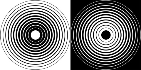 Pattern, optical illusion geometric design, concentric circles on opposite black and white backgrounds. Image creates sense of depth, expansion, and visual distortion.