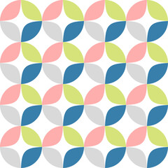 Pattern, geometric abstract featuring softly colored shapes in pink, green, blue and gray in a repeating, modern fabric design.