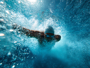 Person swimming underwater surrounded by bubbles and light