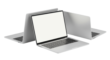Three sleek modern silver laptops (one open, one partially open, one closed) with blank white screens on an absolutely clean, transparent, infinite background, high-key studio lighting for a concept