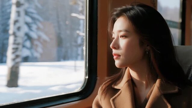 Primer plano, una mujer sentada en un tren mirando por la ventana