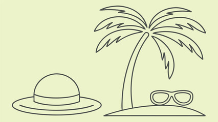 Simple line drawing of a beach scene with palm tree hat and sunglasses
