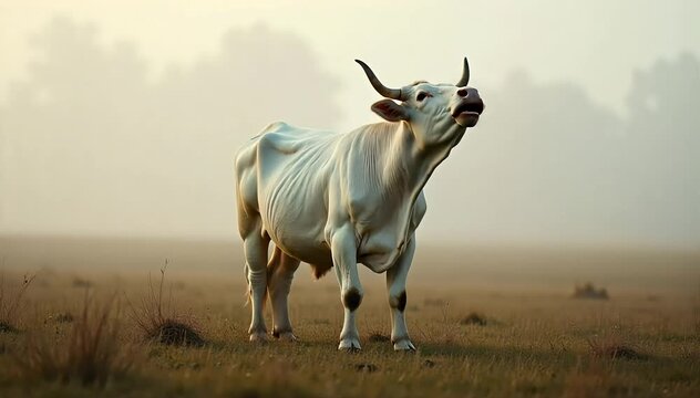 Cow mooing loudly in the open field
