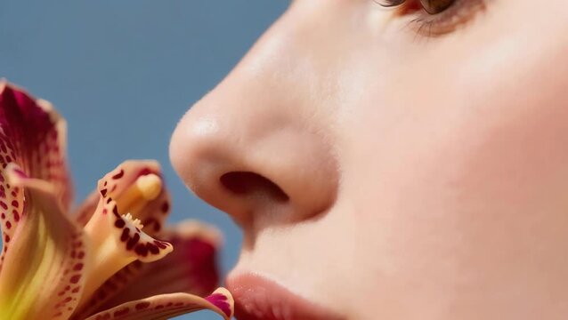 Un primer plano extremadamente detallado de una nariz impecable acercándose delicadamente a una flor exótica 