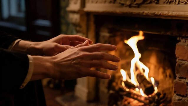 Un primer plano íntimo y detallado de unas manos, con la piel cálida y natural, extendiéndose hacia las llamas danzantes de una chimenea 