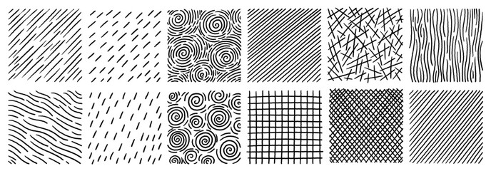 Hand drawn black and white crosshatch textures set with lines dots and grids isolated on white