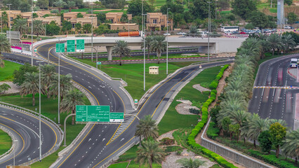 Aerial top view junction at Sheikh Zayed road near Dubai Marina and JLT timelapse, Dubai.