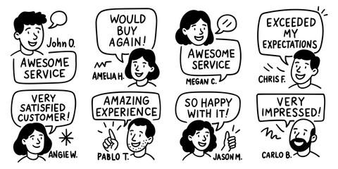 Doodle people set with speech bubbles and review quotes hand drawn characters for testimonial and marketing templates