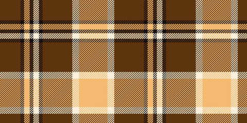 Seamless brown, tan, and black tartan plaid pattern with diagonal stripes. Geometric checkered design for fabric, wallpaper, or digital backgrounds. Vector repeatable textile texture