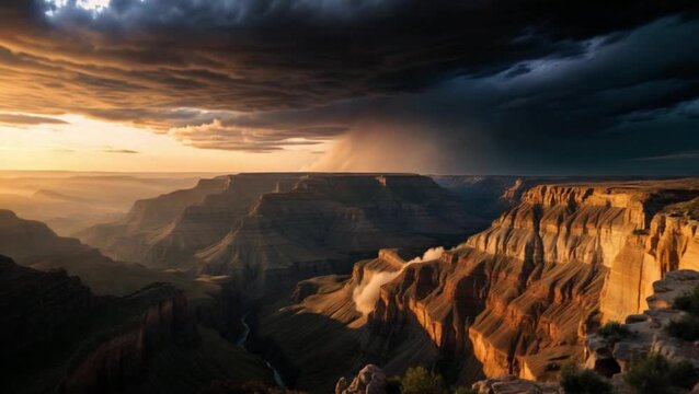 Una vista majestuosa y expansiva del Gran Cañón al atardecer, distancia, una tormenta eléctrica 