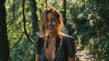 Photographer walking in forest smiling and enjoying nature
