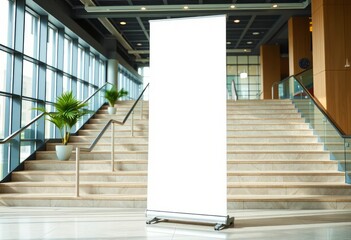 Roll-up banner template standing in Office lobby stairs. Blank advertisement mockup in business space, Commercial Vertical display, for add cover