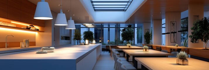 Modern open-plan kitchen and dining area with natural light and indoor plants