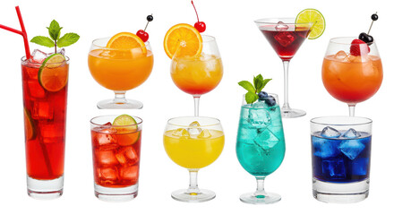 Nine vibrant alcoholic cocktails in elegant glasses with colorful liquids, ice, fruit garnishes, horizontal row, transparent background, studio product photography style, concept for beverage