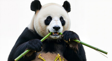 Close up of a Giant Panda eating bamboo on an isolated white background a very cute animal