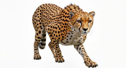 Majestic Cheetah Crouching on an Isolated White Background Ready to Sprint Forward