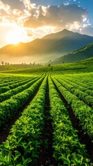 Fototapeta premium Serene plantation vista with vibrant rows, majestic mountains and a radiant sunrise