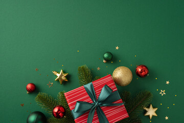 Red gift box with ribbon surrounded by Christmas ornaments on a green background, evoking holiday...