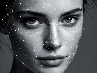 Close up portrait of a woman s face with digital network overlay